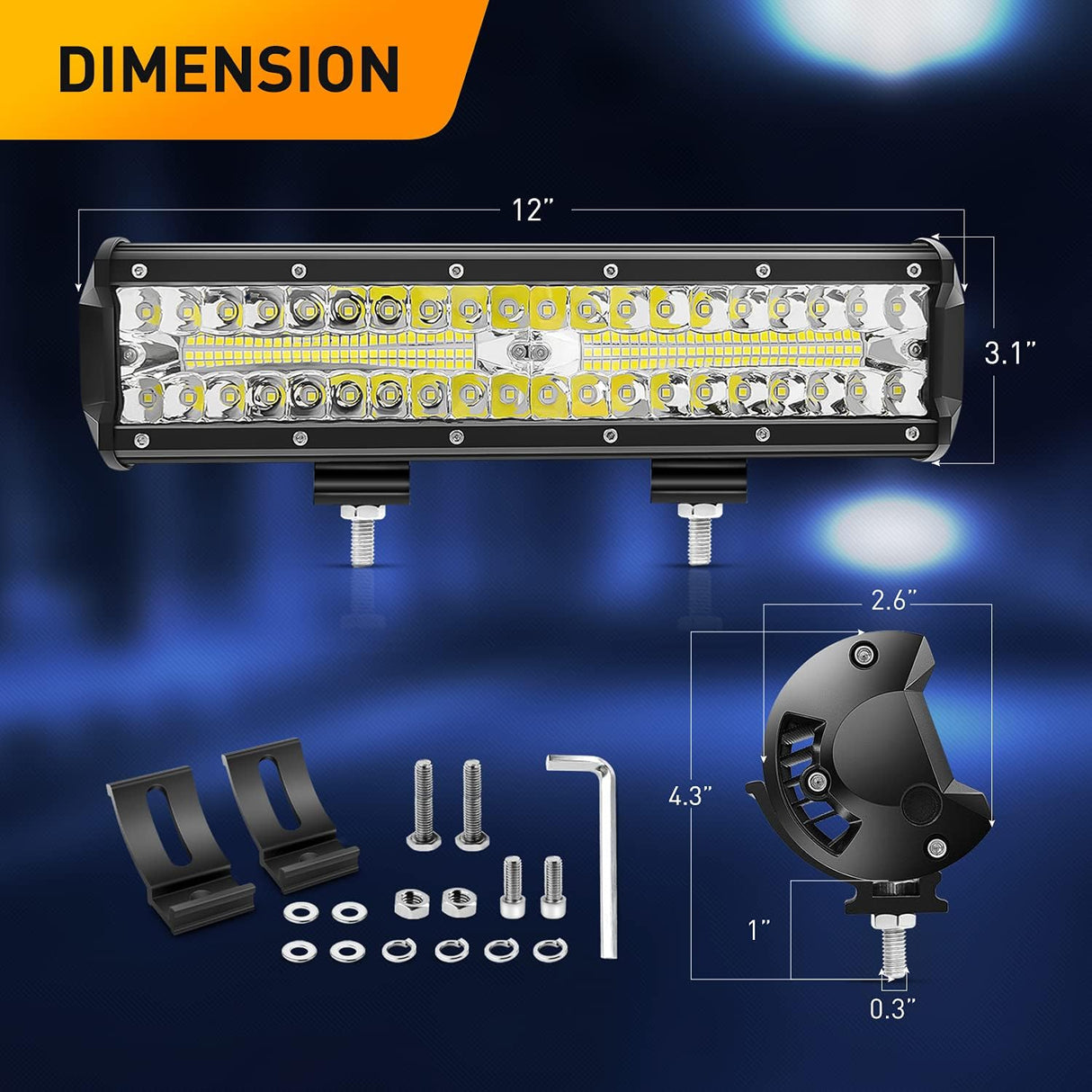 12Inch 300W Triple Row Led Light Bar Spot Flood Combo Off Road Lights Mounting Bracket Horizontal Bar Tube Clamp Led Lamp with Wiring Harness for Truck Golf Cart ATV UTV