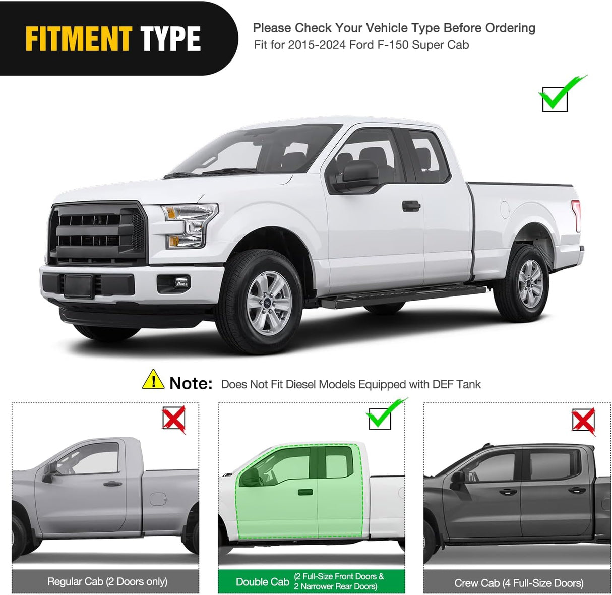 Running Boards for 2015-2026 Ford F150 Quad Cab 2 Full-Size Door & 2 Half-Size Door 6 Inch Side Step Nerf Bars Stainless Steel Black