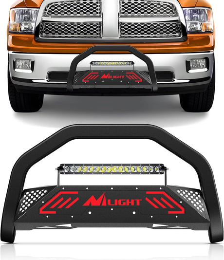 Bull Bar with Light Bar&License Plate Hole for 2009-2018 Dodge Ram 1500&2019-2024 RAM 1500 Classic (Exl Rebel Sport) Truck Brush Guard Front Bumper Push Bar w/Grille Skid Plate Light Mount