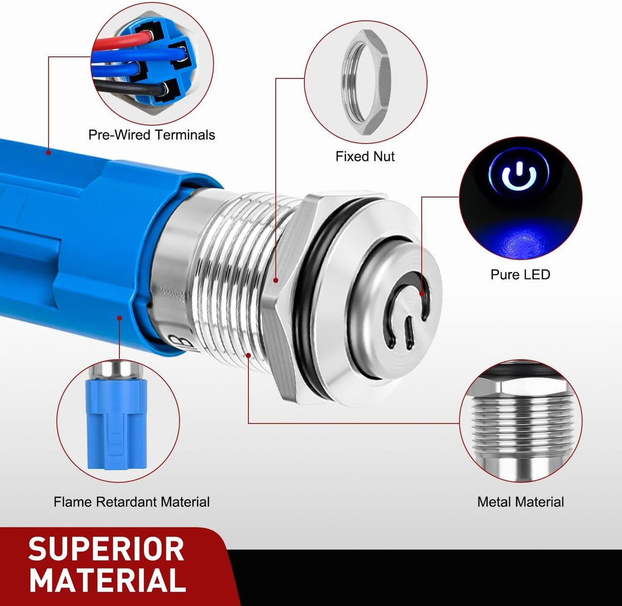 12mm Latching Push Button Switch 6pcs LED Blue Waterproof Small Round Power Button Switches with Pre-Wiring Socket for Car Truck Boat Marine RV Vehicle