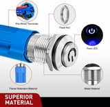 12mm Latching Push Button Switch 6pcs LED Blue Waterproof Small Round Power Button Switches with Pre-Wiring Socket for Car Truck Boat Marine RV Vehicle