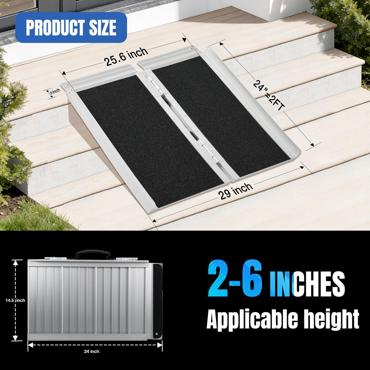 2 Feet Portable Wheelchair Ramp with Quick-Lock Non-Skid Aluminum | Handicap Ramps with Handle Folding Threshold Ramp for Home Steps, Stairs, Doorways, Scooter, Porch, Cart 800LBS Capacity