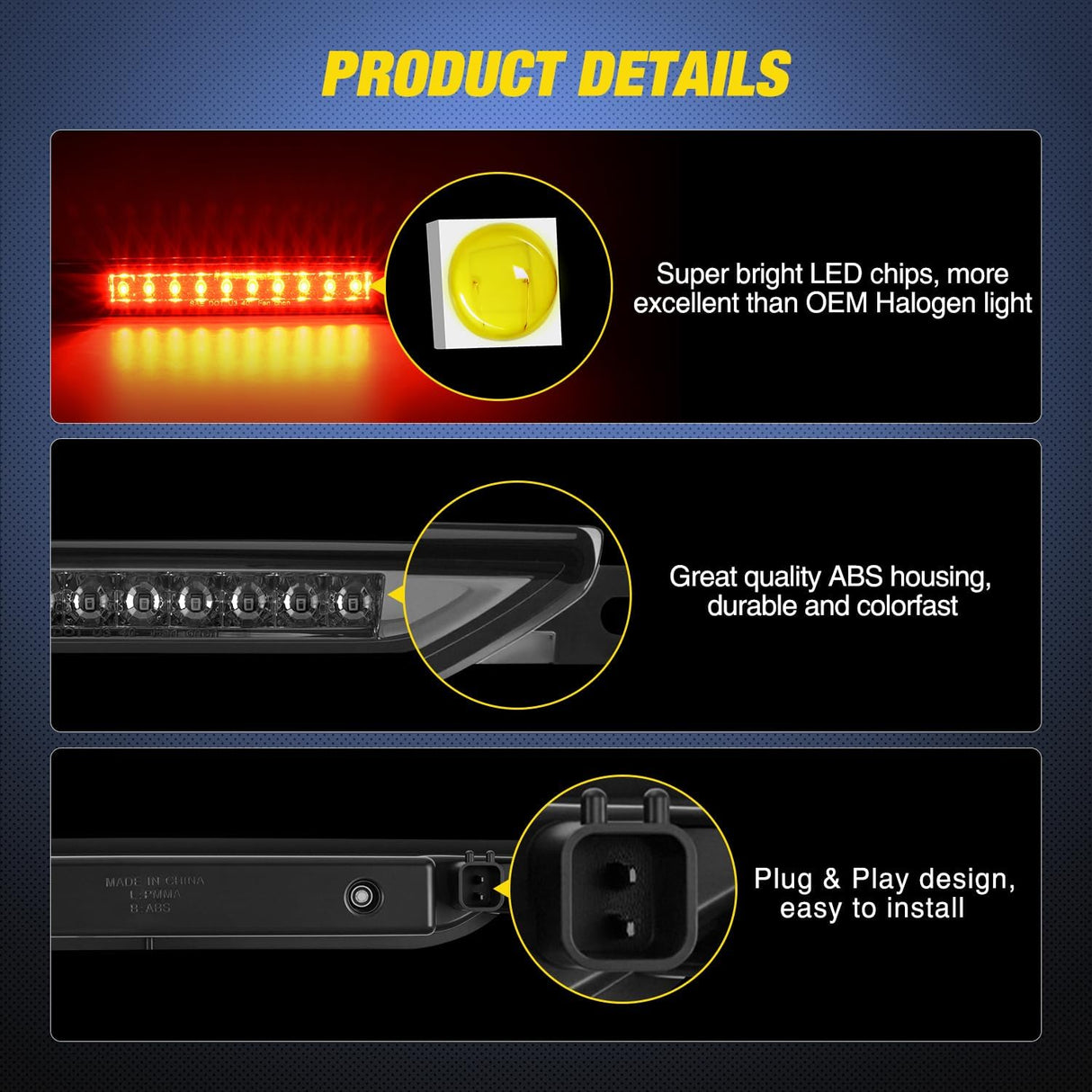 Third Brake Light for Dodge Caliber 2007-2012 Cherokee 2011-2017 | for Dodge Caliber 2007-2012, Durango 2011-2017, Jeep Cherokee 2011-2017, Compass 2007-2016, High Mount 3rd Stop Lamp, Smoked