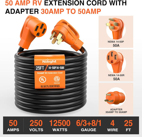25FT 50 Amp RV Extension Cord with Adapter 30Amp to 50Amp 250V Heavy Duty 6/3+8/1 Gauge Pure Copper STW Wire UL ETL Listed 4 Prong 14-50P 14-50R Weatherproof Suit for Generators Camper