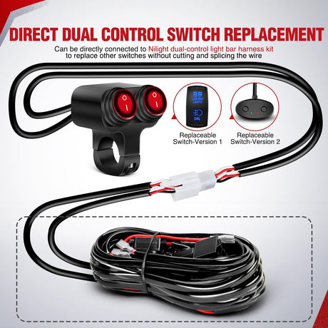 Motorcycle 7/8 Inch (22mm) Handlebar Switch Plug and Play 12V Waterproof On Off Push Button Dual Control for ATV UTV Driving Light Bar