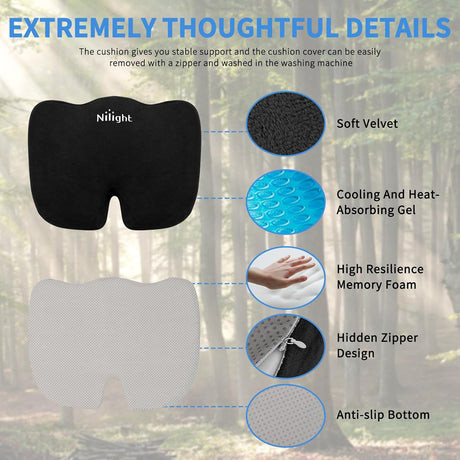 Car Seat Cushion Black Velvet Gel Memory Foam Seats Soft and Comfortable Suitable for Daily Life and Driving Relieves Sciatica and Tailbone Pain Improves Drive Vision