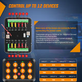 12 Gang Switch Panel 12V 24V Universal Circuit Control Relay System with RGB Backlight APP Fuse Wiring Harness Automatic Dimmable ON Off LED Switches Pod for Car Pickup Truck Camper SUV