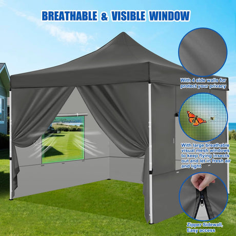 10x10 Pop Up Canopy Tent with 4 Sidewalls Portable Folding Outdoor Canopy Easy Setup Gazebo Waterproof Instant Popup Shelter Tent w Wheeled Carry Bag sandbags for Events Parties Camping, Gray