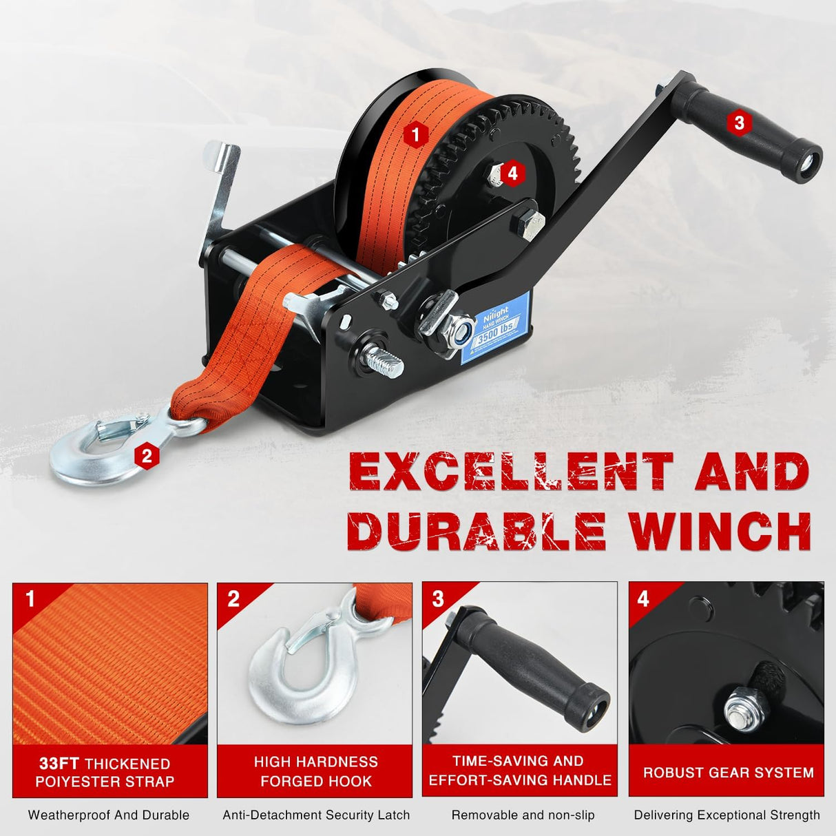 Boat Trailer Winch 3500 LBS Hand Crank Winch Heavy Duty Boat Winches with 33 FT Orange Strap Rope Hook Two Way Ratchet 4:1 8:1 Gear Portable Marine Manual Winch for Trailers Boat RV ATV Towing