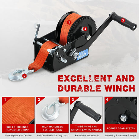 Boat Trailer Winch 3500 LBS Hand Crank Winch Heavy Duty Boat Winches with 33 FT Orange Strap Rope Hook Two Way Ratchet 4:1 8:1 Gear Portable Marine Manual Winch for Trailers Boat RV ATV Towing