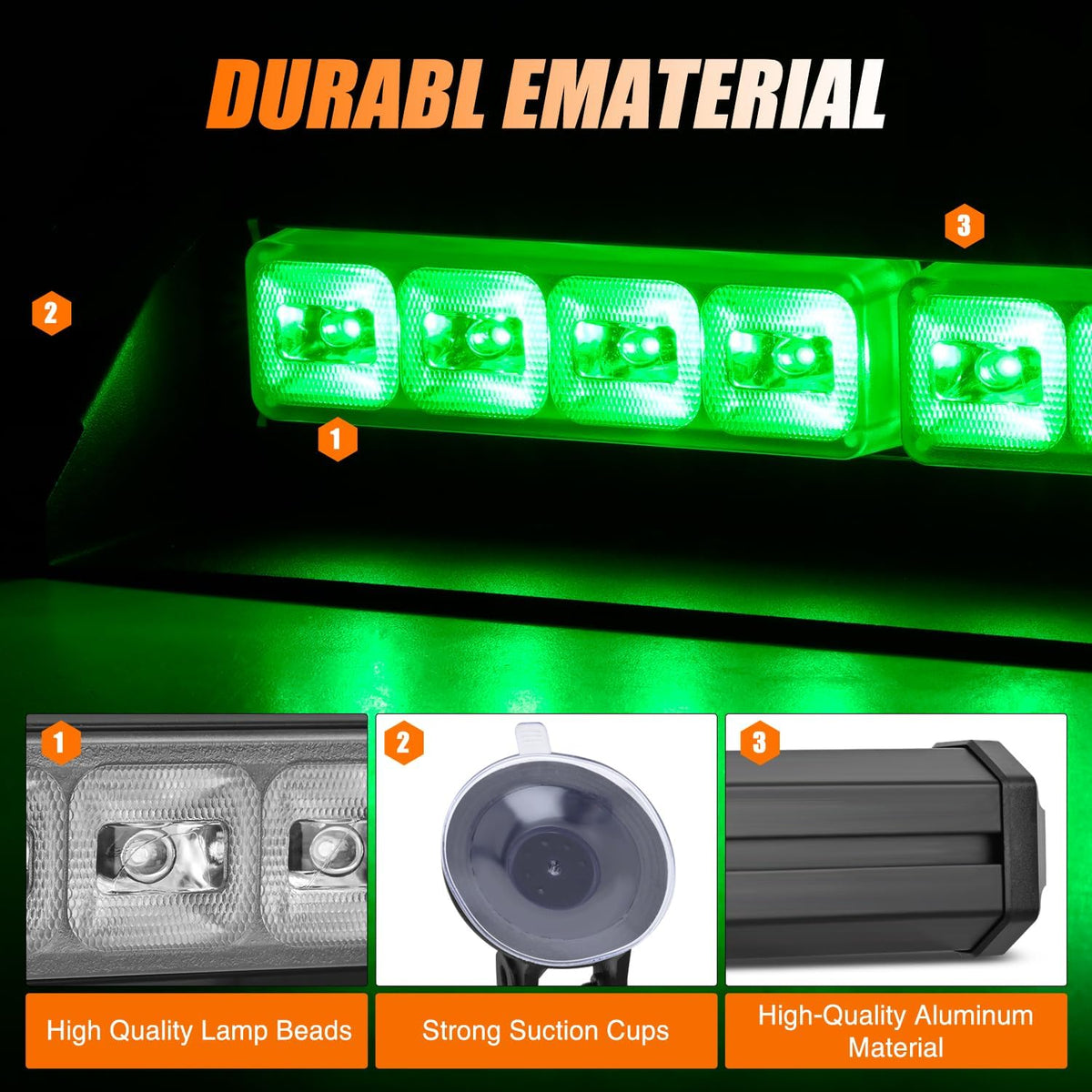 8LED Green Traffic Advisor Strobe Light Bar Hazard Safety | with Vacuum Suction Emergency Dash Warning Flashing Lights Front/Rear Windshield Visor for Truck Police Construction Vehicles