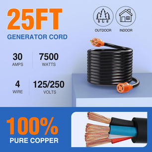 RV Parts 30 Amp 25FT Generator Extension Cord 125/250V 7500 Watt Heavy Duty 10 Gauge Pure Copper STW Wire ETL Listed 4 Prong L14-30P L14-30R Cable for Generator RV Camper Outdoor Use