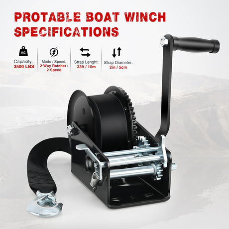 Boat Trailer Winch 3500 Lbs Hand Crank Winch Heavy Duty Boat Winches with 33Ft Strap Rope Hook Two Way Ratchet 4:1 8:1 Gear Portable Marine Manual Winch for Trailers Boat RV ATV Jet Ski Towing