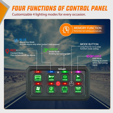 8 Gang Switch Panel Green Circuit Control Relay System with Fuse Wiring Harness Toggle Momentary Strobe Flash Modes Automatic Dimmable ON Off Pod 12V 24V for Car Truck Camper SUV