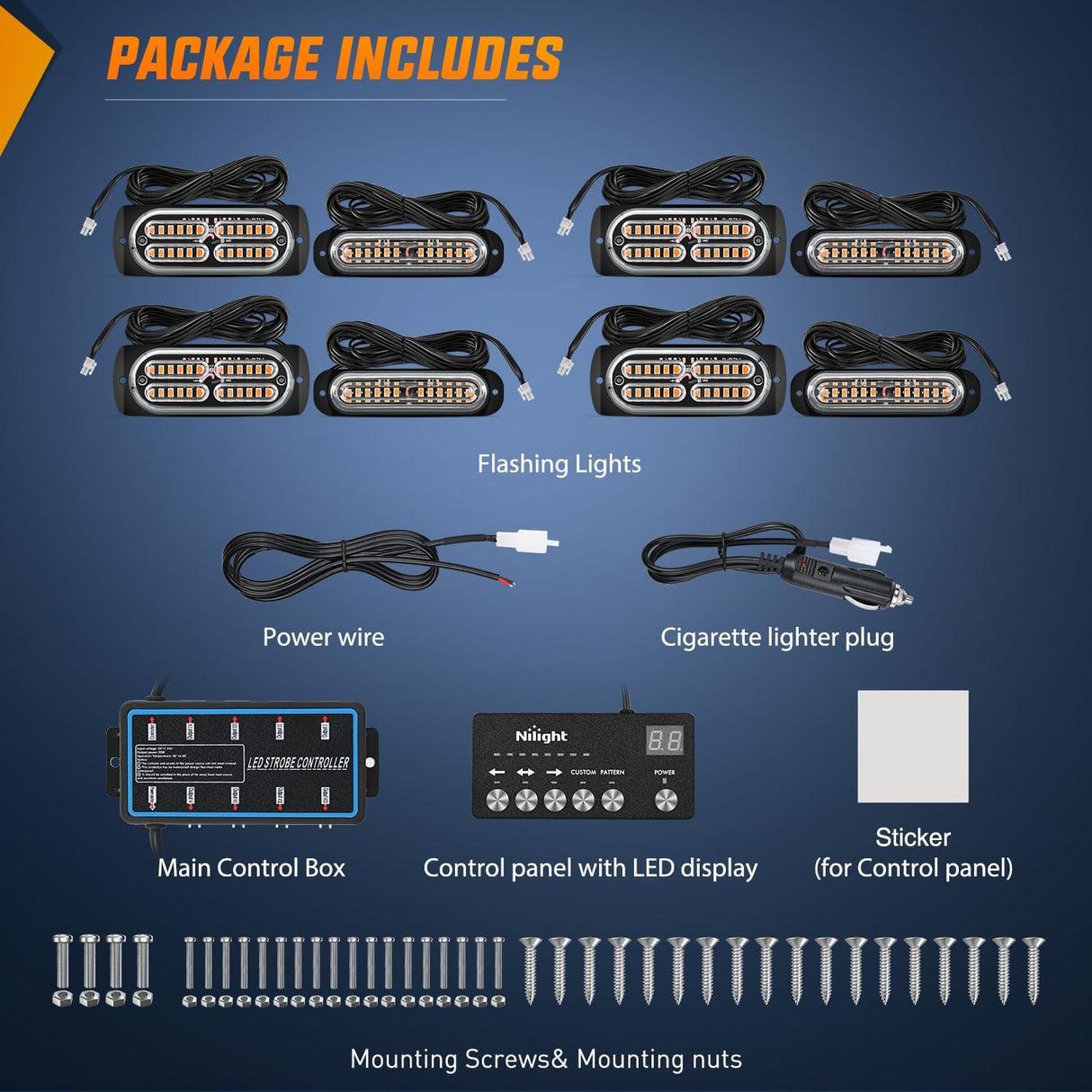 8PCS Led Strobe Lights with Controller 12V 24V Sync Feature Amber Light 12 24 LED Surface Mount Emergency Hazard Warning for Vehicle Car Truck RV ATV