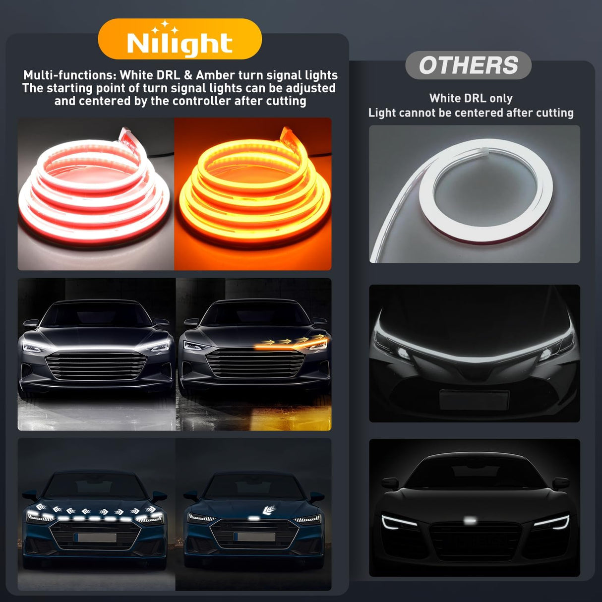 59-Inch LED Hood Strip, White Startup DRL Amber Signals Light | White Dynamic Daytime Running Light Amber Sequentiall Turn Signal Waterproof for Cars, SUVs & Trucks