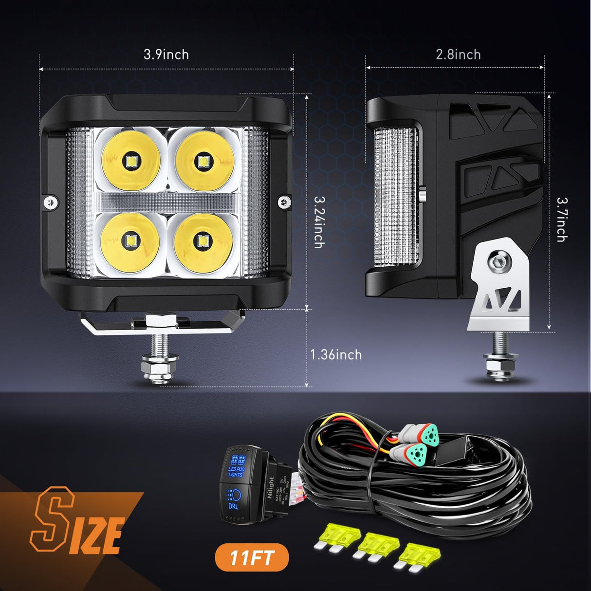Side Shooter LED Light Pods with Amber DRL 4 Inch 26 W Spot Flood Combo LED Cubes Light w/ 16AWG Wiring Kit for Offroad Driving Fog Light Auxiliary Light on Truck ATV UTV