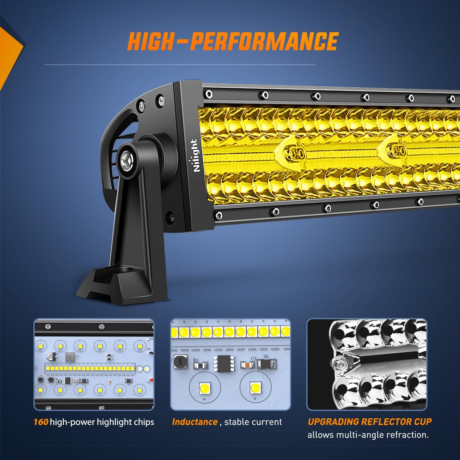22" 480W Triple Row Amber Spot/Flood LED Light Bar With 16AWG Wiring Harness 3Pin Switch Nilight