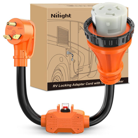 RV Locking Adapter Cord with Circuit Breaker Overload Protector 30 Amp to 50Amp Dogbone Plug 10 Gauge Wire ETL Listed TT-30P to SS2-50R 30M/50F Weatherproof for RVs Camper Caravan Van Trailer