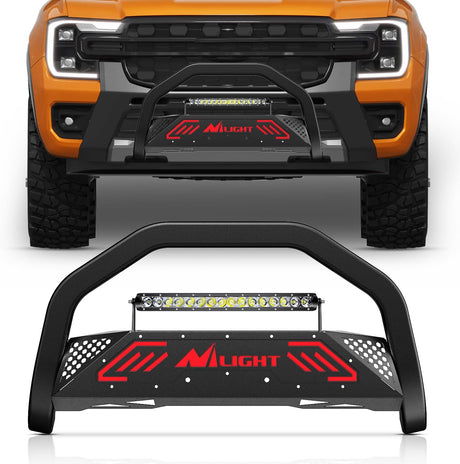 Bull Bar&License Plate Hole with LED Light Bar Compatible with Ford Ranger 2019 2020 2021 2022 2023 2024 2025 2026 Truck Brush Guard, Front Bumper Push Bar w/Grille Skid Plate Light Mount