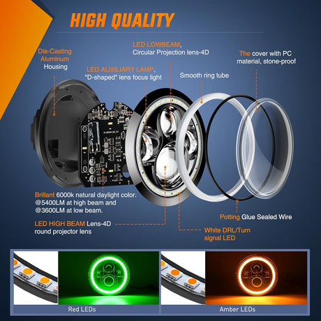 7 Inch Round LED Halo Headlights w/Turn Signal Amber Light Green DRL High Low Beam 7 Inch Headlight Compatible with 2007 2008 2009 2010 2011 2012 2013 2014 2015 2016 2017 2018 Wrangler JK JKU