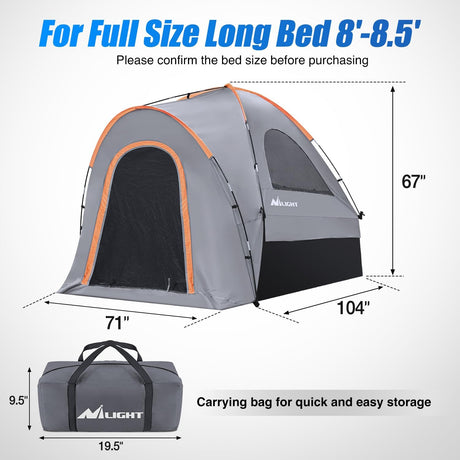 Truck Bed Tent 8-8.5 FT Pickup Truck Tents with Rainfly Waterproof PU2000mm Double Layer for 2-Person Portable Full Size Long Tailgate Bed Tent for Truck Camping Outdoor Travel, Orange Grey
