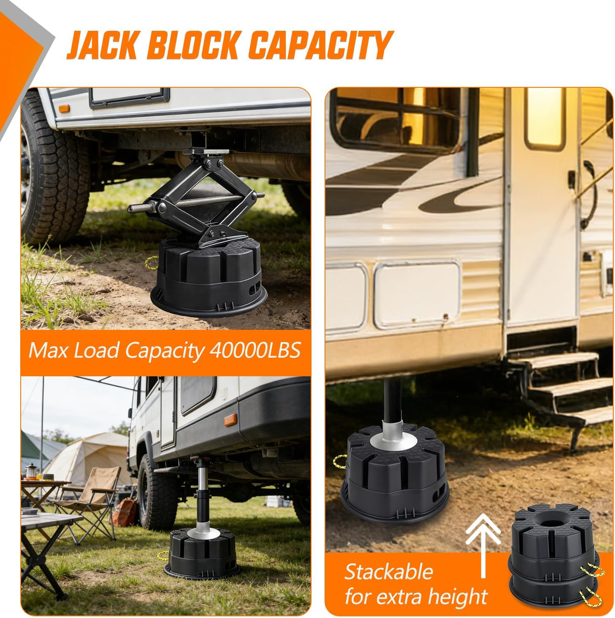 Trailer Jack Block, 6 Inch RV Camper Stabilizer Blocks for Travel Trailer with Bag, Heavy Duty RV Leveling Block with 40000lbs Capacity Universal for Tongue Jack Post Foot 5th Wheels Black 2 Pack