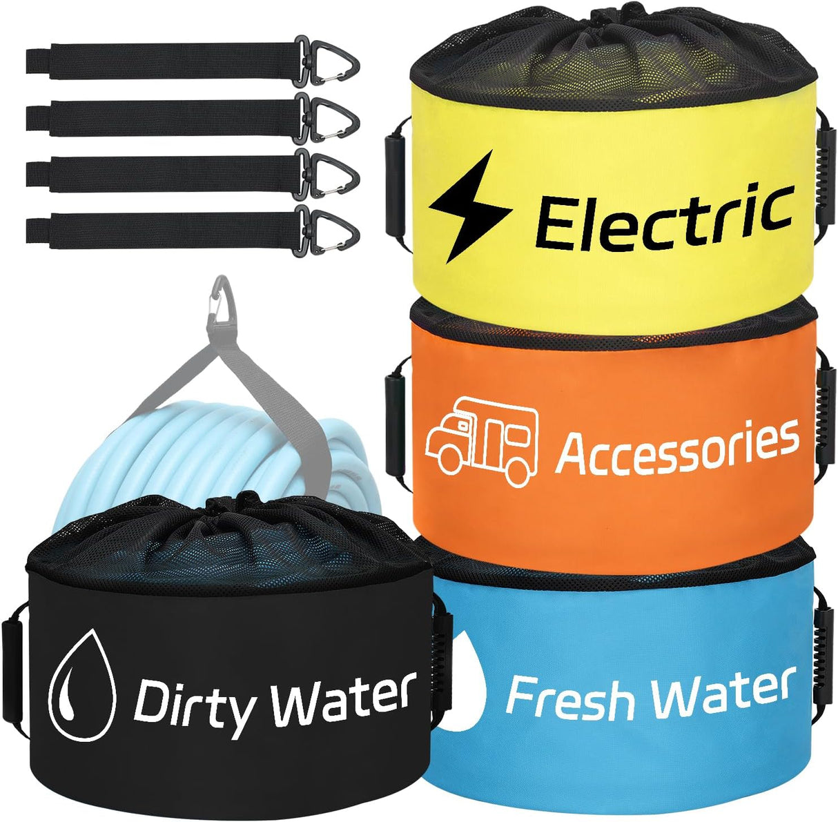4 Pack RV Hose Storage Bag, Waterproof Utility Bag with Drawstring Mesh Top RV Storage and Organization Bags Container for Sewer, Fresh Water Hoses Electrical Cords Camper Tools Accessories