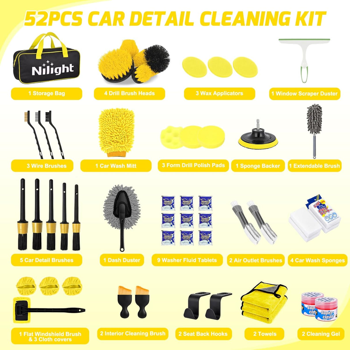 Automotive Tools 52PCS Car Detailing Kit Auto Cleaning Tools Wash Set with Storage Carry Bag Home Use for Interior Exterior Deep Clean Polish Car Care Windshield Dashboard Seat Air Vents Wheels Tires, Yellow