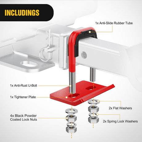 Trailer Hitch Tightener for 2 Inch Trailers Hitches Mount Anti Rattle Heavy Duty Steel with Rubber Cover Red U Bolt Glossy Coating Plate Electrophoresis Anti-Rust Triple Protective