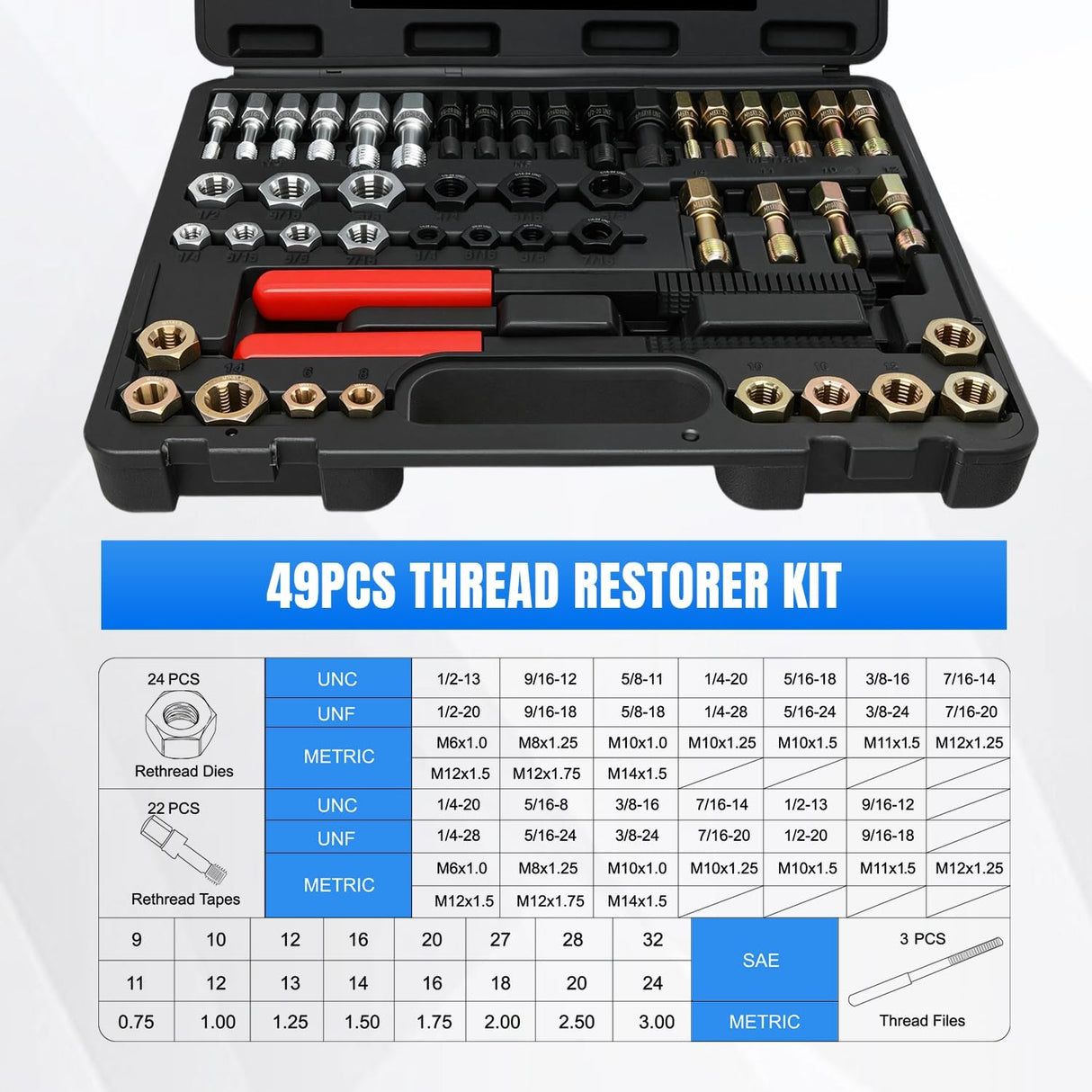 49PCS Thread Chaser Set SAE Metric Universal UNC UNF Sizes | Master Thread Repair Kit with Case 22 Taps 24 Dies 3 Thread Files Automotive Tool for Mechanics Auto Shops Home Garage Repair