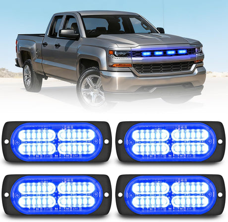 4PCS 24LED Emergency Strobe lights 12V 24V Blue Surface Mount Grille Hazard Safety Warning Light Sync Feature Side Flashing Marker Flash for Car Truck Campers