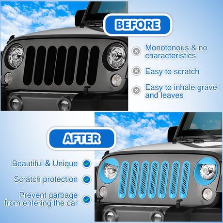Grill Inserts fit for Jeep Wrangler Front Grille Mesh Inserts & Headlight Cover Set for JK JKU Unlimited Sports Sahara Freedom Rubicon 2007-2018 Clip-in Trim Exterior Accessories Blue 9 Pcs