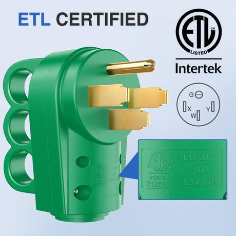 50 Amp RV Male Replacement Plug 125/250 Volt Heavy Duty Receptacle with Handle ETL Listed NEMA 14-50P for Camper Caravan Motorhome Van Trailer