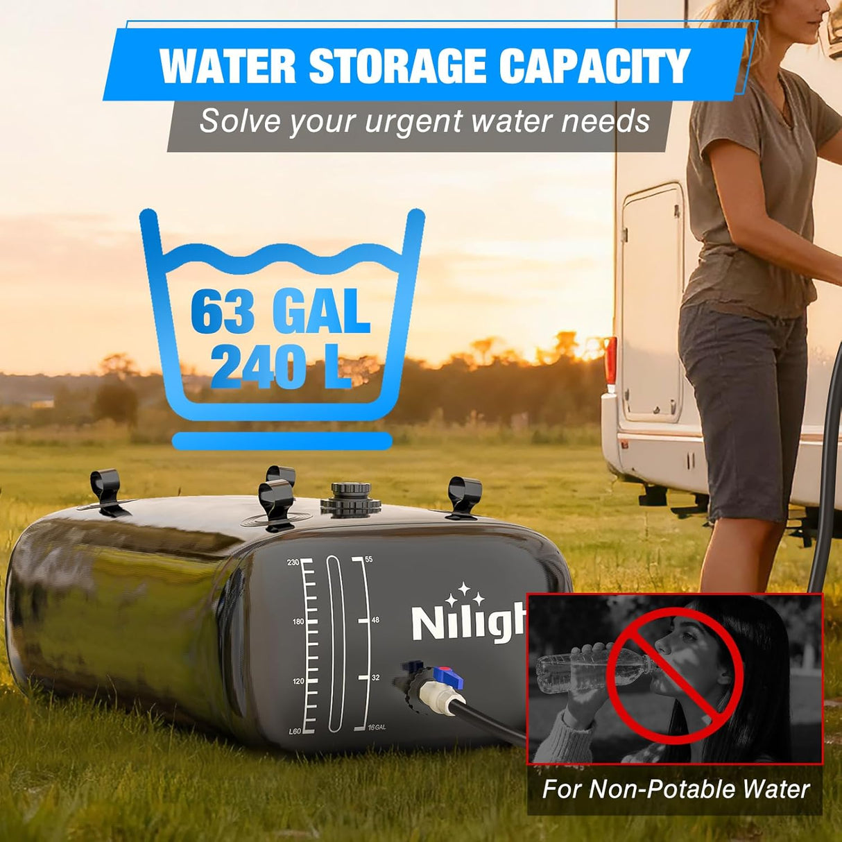 63Gal/240L Water Storage Bladder RV Potable Water Bladder Tank Camping 1000D PVC Foldable Collapsible Water Storage Containers for Truck Bed Carrier Garden Irrigation Emergency Water Use Black