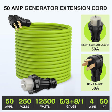 50FT 50 Amp Generator Extension Cord 250V Heavy Duty 6/3+8/1 Gauge Pure Copper STW Wire ETL Listed 4 Prong 14-50P SS2-50R&CS6364 Suit for RV Camper Outdoor Use Bright Green