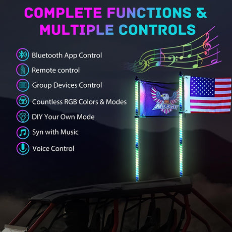 LED Whip Light 2 PCS 4FT COB RGB Lighted Antenna Whips with Spring Base Remote & App Control DIY Patterns Turn Brake Reverse Lights for Can-am Offroad ATV UTV RZR Polaris Dune Buggy Truck
