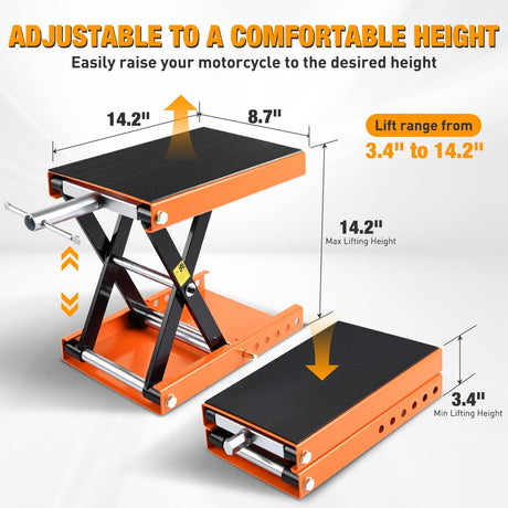Motorcycle Lift Jack 1100 LBS Scissor Jacks Stand Lift with Wide Deck Safety Pin Handle 3.4 Inch-14.2 Inch Height Adjustable Hoist Stand Garage Repair Lifter for Motorcycles ATV Dirt Bike, Orange