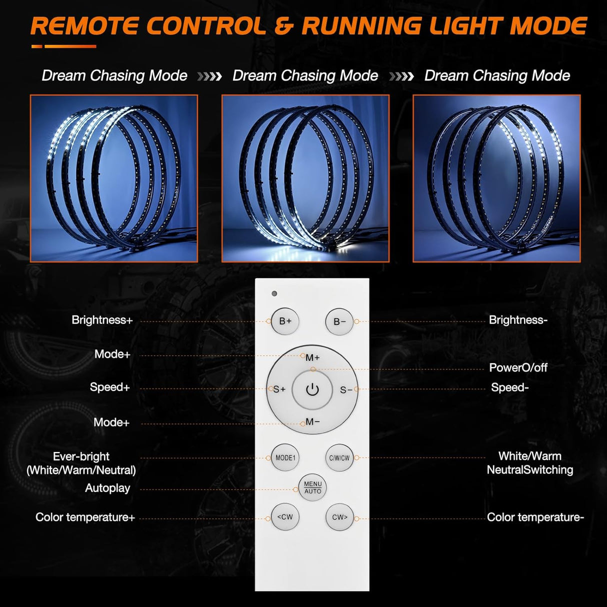 4PCS 15.5inch Double Row LED Wheel Ring Lights Pure White with Remote Control w/Turn Signal Braking and Reverse Function Dual Row for Car Van SUV Truck