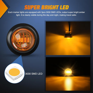 3/4” Amber Round LED Marker Lights 2 Connectors (10 Pcs) Nilight