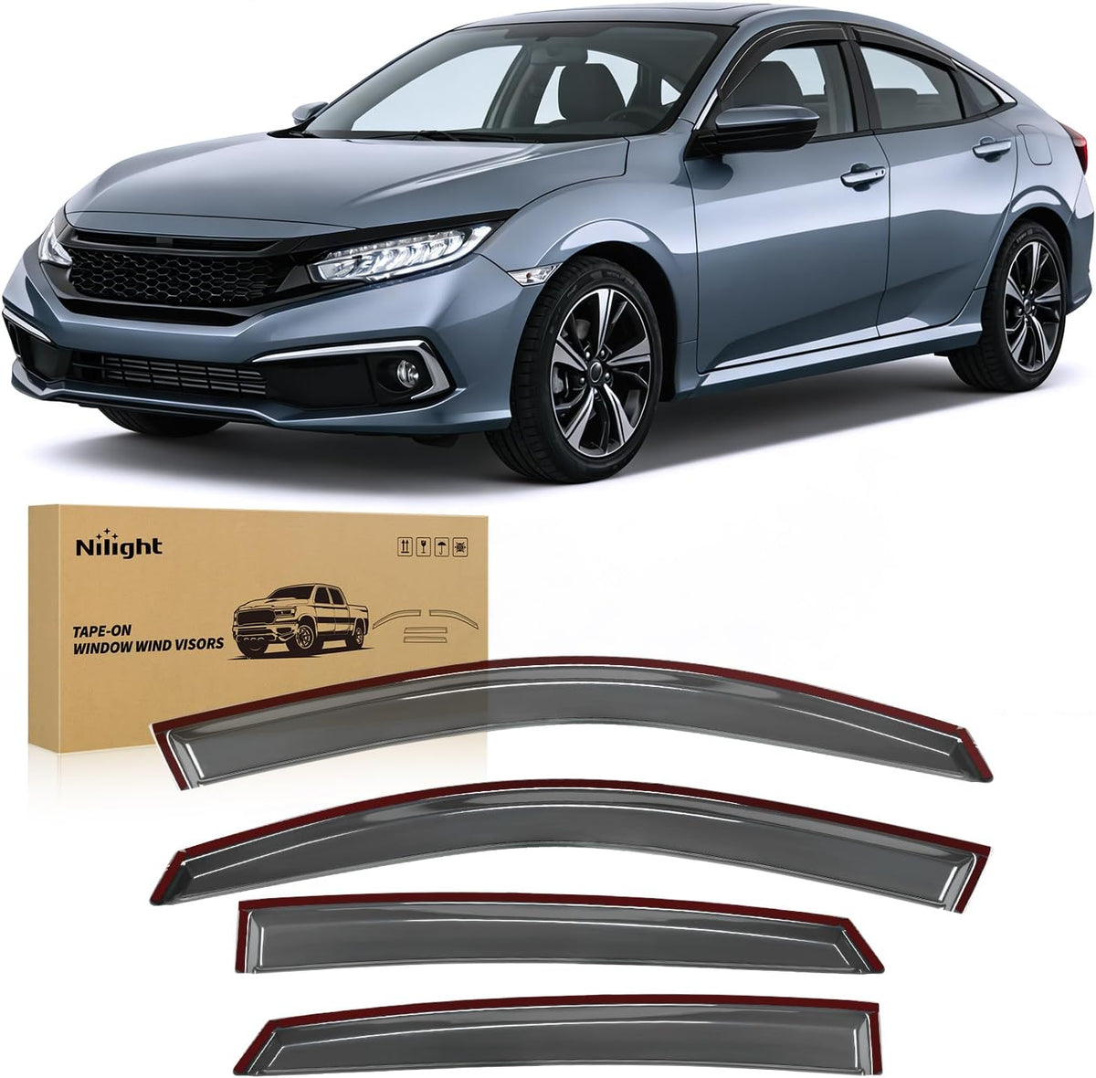 Tape-On Rain Guards for Honda Civic Sedan 2016-2021, 4PCS | Not for Hatchback, Side Window Visors for Fresh Air Circulation, Civic Sedan 2016 2017 2018 2019 2020 2021, Smoke Tinted