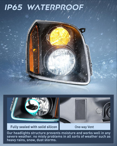 Headlight Assembly Compatible with 2007 2008 2009 2010 2011 2012 2013 2014 GMC Yukon Halogen Type Factory OE Style Replacement Black Housing Amber Reflector Passenger and Driver Side