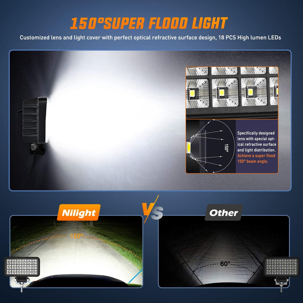 LED Work Light Nilight 4.4Inch Square Utility LED Work Light W/Integrated Toggle Switch, 2PCS 36W 150° Flood Lamp for Offroad Heavy Equipment Vehicles Truck Tractor Golf Cart Boat ATV UTV, 2 Year Warranty