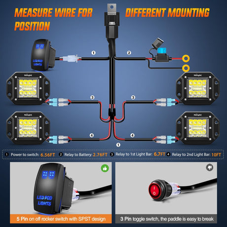 4PCS 42W Flush Mount LED Pods Spot Flood Combo Beam Driving Backup Reverse Grill Mount Light with 16AWG LED POD Lights Wiring Harness Kit -4 Leads