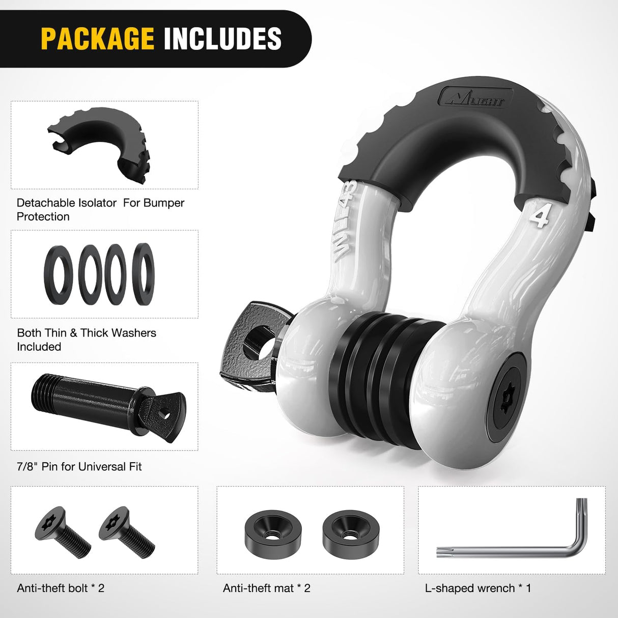 3/4 Inch D Ring Anti-Theft Shackle Tow Hook Jeep Truck SUV ATV UTV | Off Road Recovery Gear 19T 41,887 lbs Break Strength 4.75T WLL Rust-Resistant Anti-Rattle Isolators Heavy Duty White 2pack