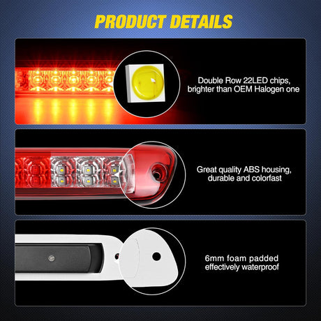 Third Brake Light Tail High Mount 3rd Stop Cargo Reverse LED Lights Red Lens Compatible with Chevy Colorado and GMC Canyon 2004 2005 2006 2007 2008 2009 2010 2011 2012 Pickup Truck