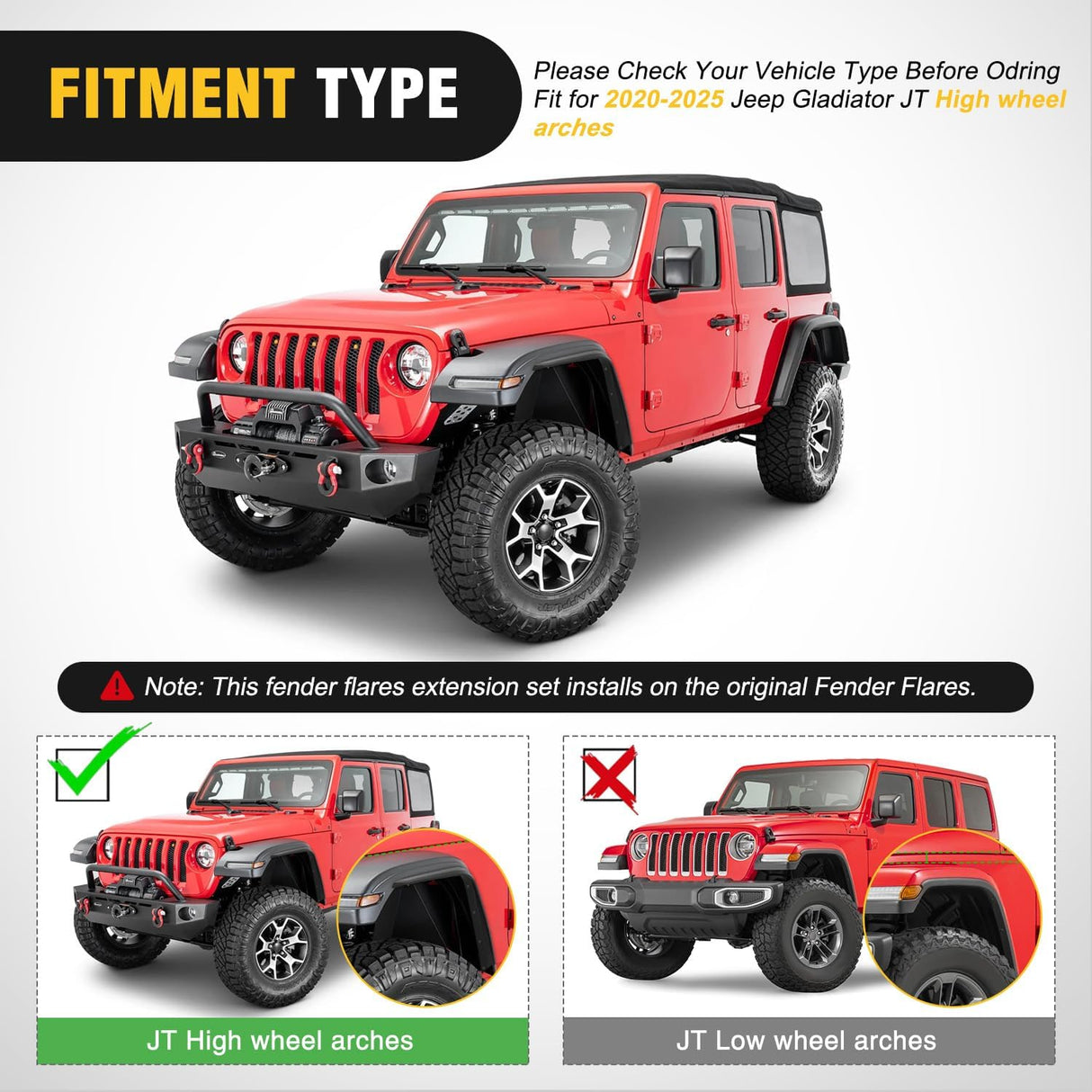 Fender Flares Extensions Set Compatible with 2020 2021 2022 2023 2024 2025 2026 Gladiator JT Mojave & Rubicon (Only for High Wheel Arches) Off-Road Widened Front Rear Flat 4 PCS