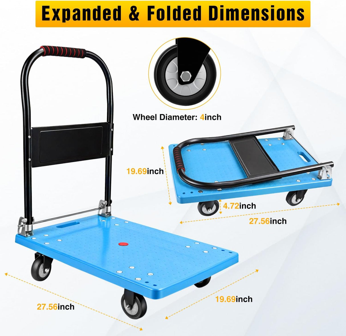 Platform Cart 330 lbs Heavy Duty Push Cart Dolly with 4-Inch TPR Wheels 27.6 x 19.7 Inch PP Deck Flatbed Cart Platform Truck for Home Garage Warehouse Use Black