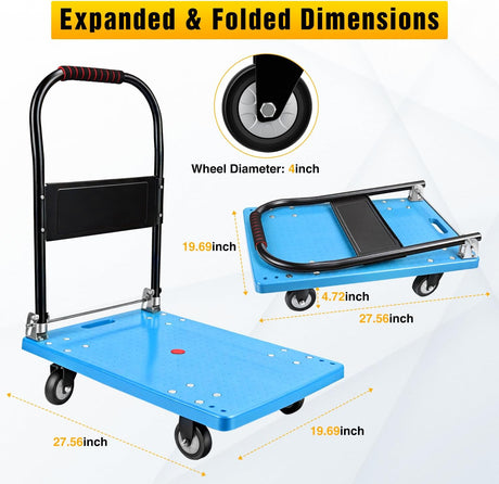 Platform Cart 330 lbs Heavy Duty Push Cart Dolly with 4-Inch TPR Wheels 27.6 x 19.7 Inch PP Deck Flatbed Cart Platform Truck for Home Garage Warehouse Use Black