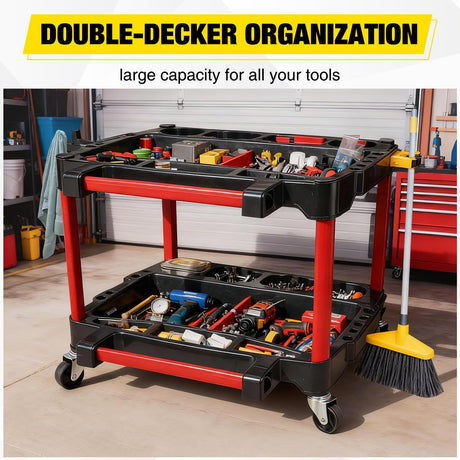 2-Tier Car Detailing Cart with Polisher Brackets - Rolling Utility Plastic Cart with Organizer & Hooks - Heavy Duty Mobile Tool Station